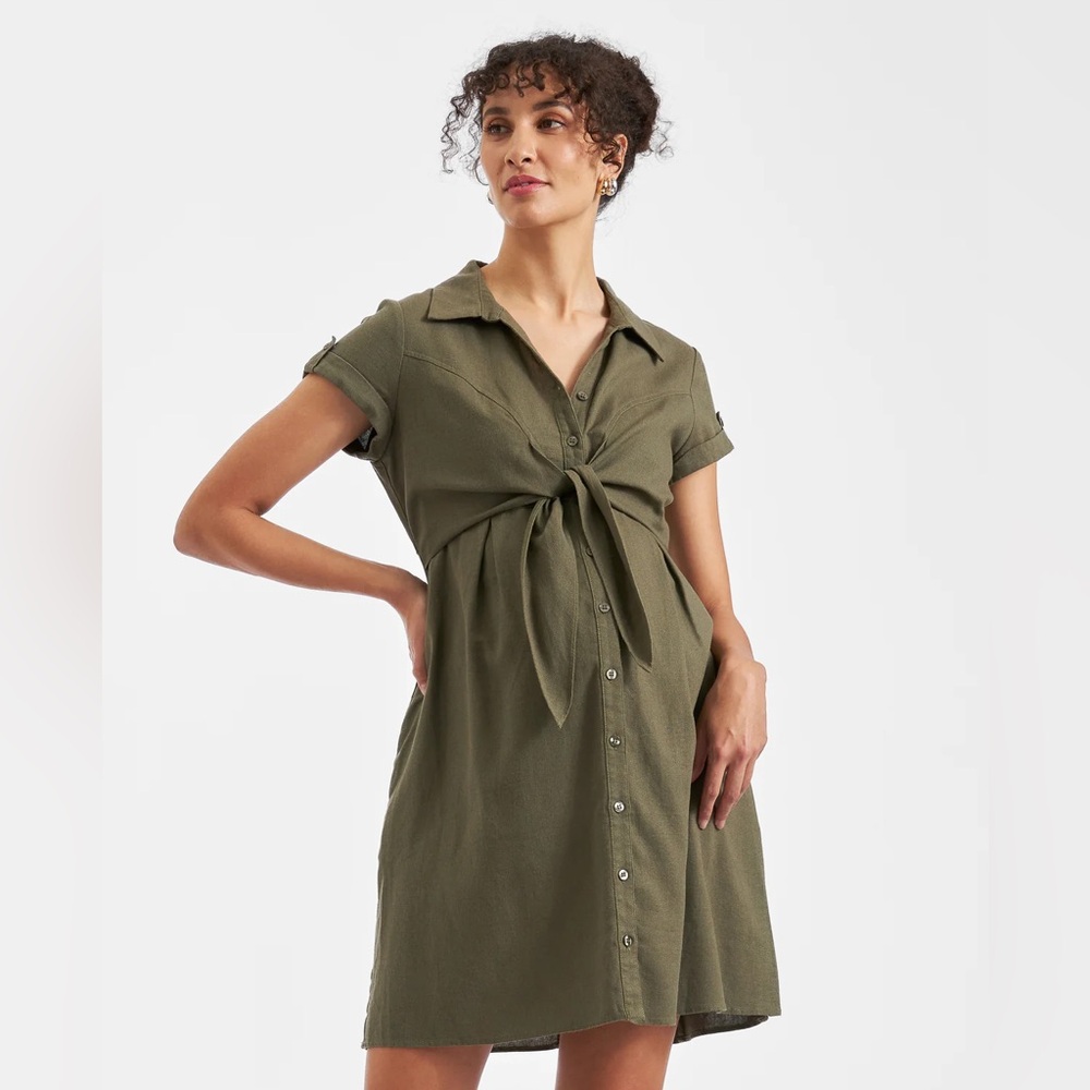 Colette Tie Up Linen Dress Olive